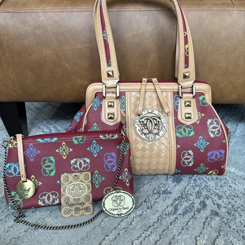 SHARIF MULTI-COLOR Red DESIGN SATCHEL PURSE With Cosmetic Bag